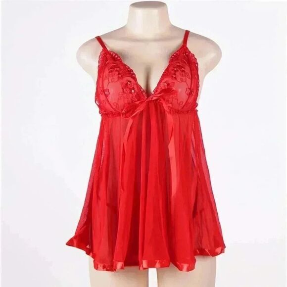 🆕️ 1XL Plus Size Red Satin Bow Sheer Babydoll Lace Lingerie Nightslip Chemise - Picture 1 of 3